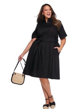 Plus Size White and Gray Pinstripe Shirt Midi Dress with Tie Waist